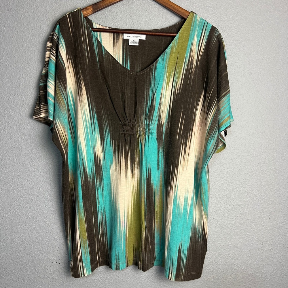 Liz Claiborne Blouse V-Neck Abstract Print Brown Turquoise Ikat‎ Relaxed Fit XL